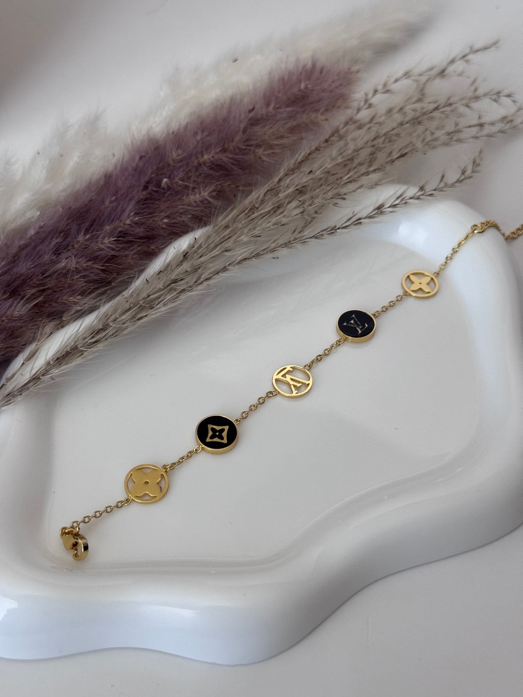 Monogram Luxe: Gold & Black Enamel Chain Bracelet