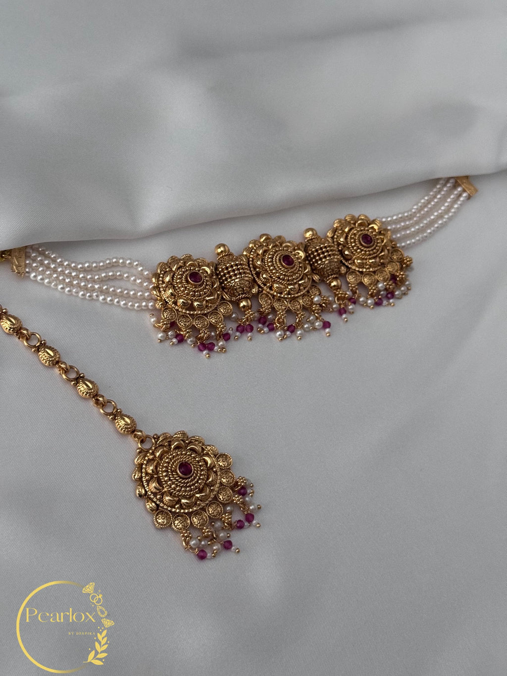 Antique Gold Choker Set with Jhumka Earrings and Maang Tikka | Ruby & Pearl Accent Necklace| Indian Jewellery