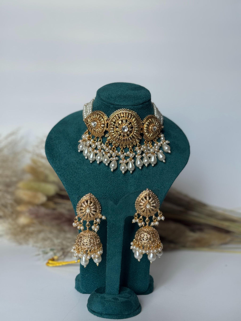 White pearl Polki Choker Earrings + Tikka| Gold imitation Choker| Indian Wedding Jewellery