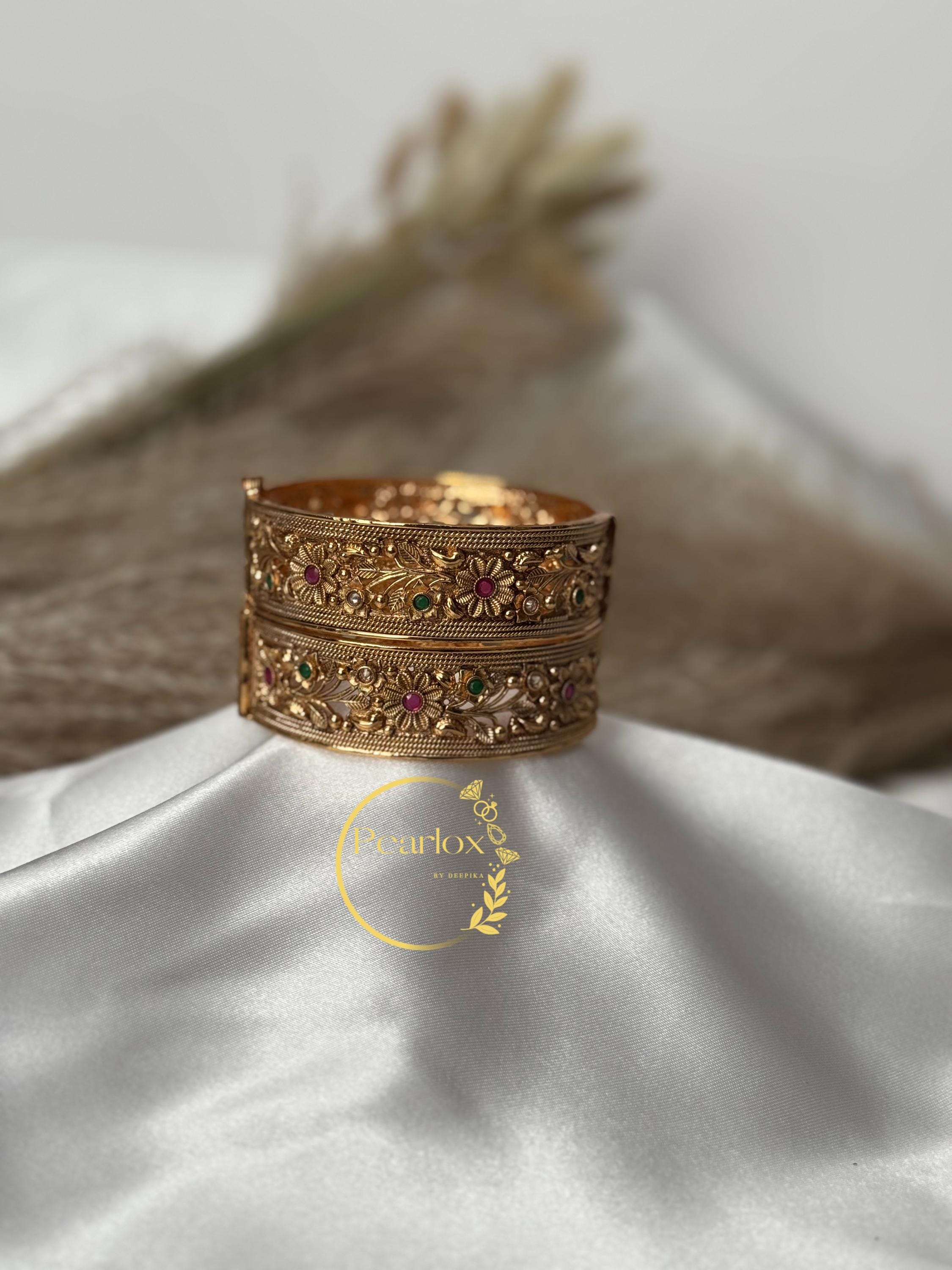 Heritage Antique Gold-Tone Floral Kada Bangle Set| wrist size 2-6