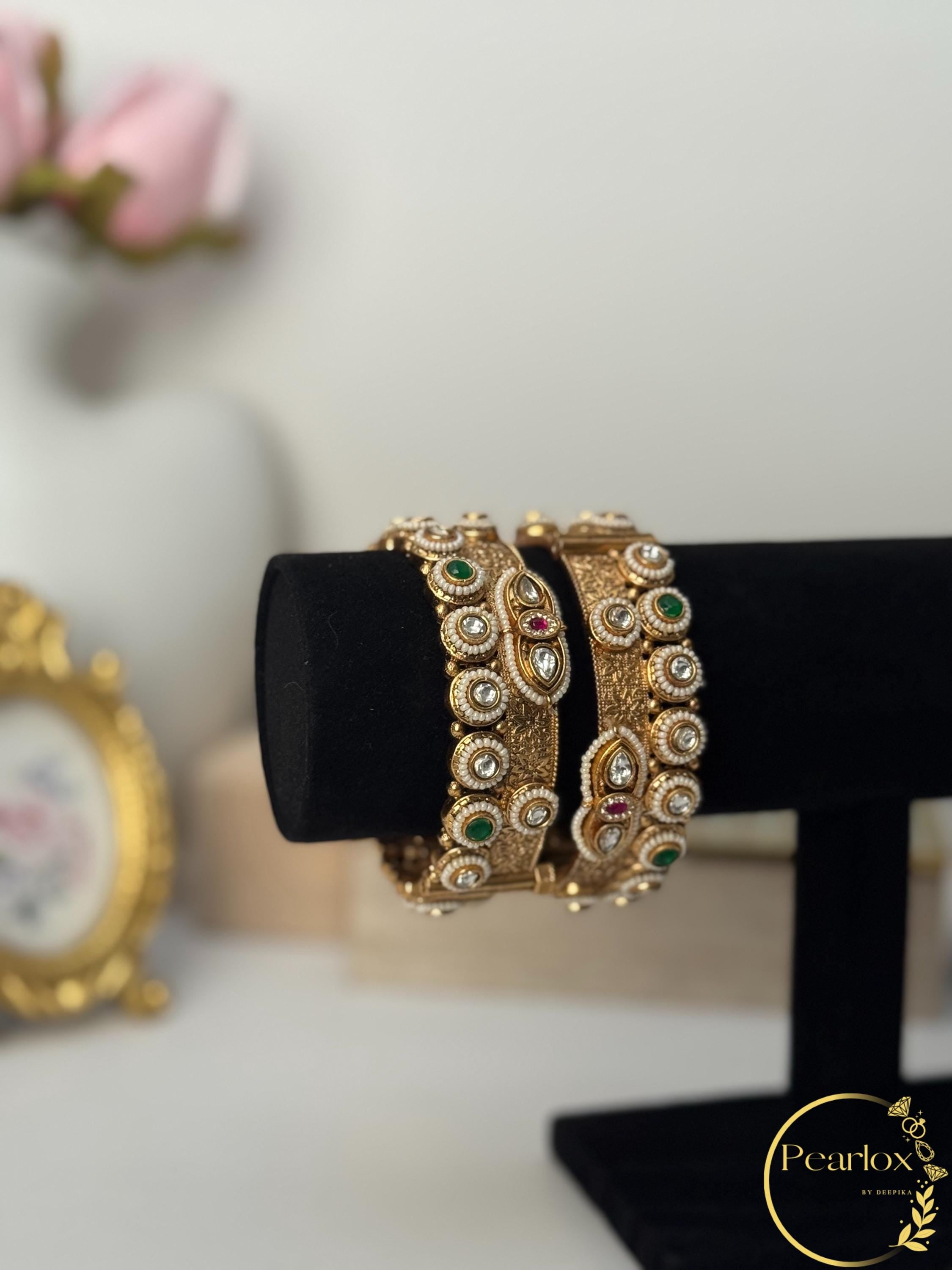 Kundan Kadas | Gold Tone Indian Bangles with Meenakari - Wrist size: 2.6