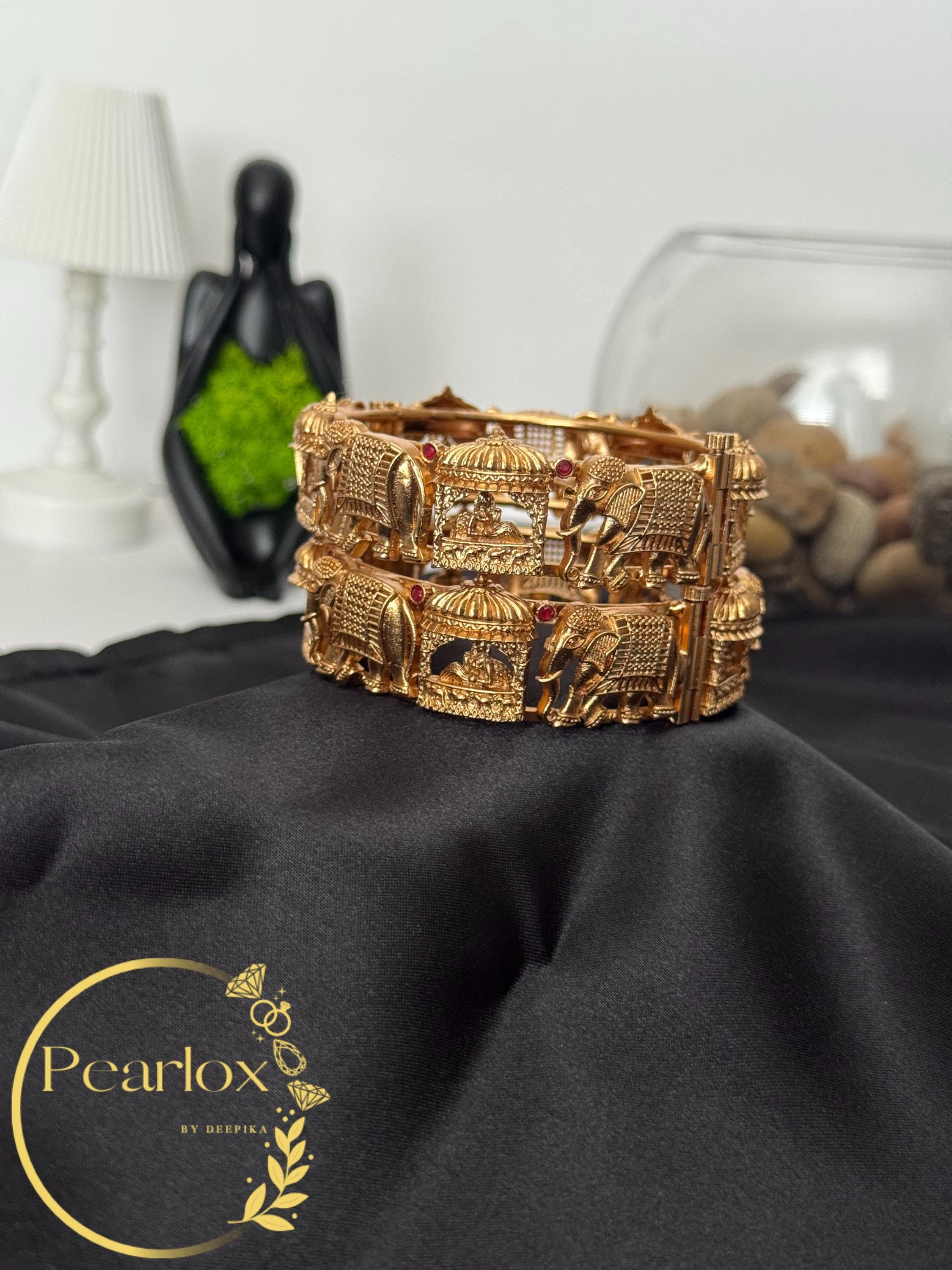 Gold-Tone Indian Kadas (Bangles) | Elephant & Bridal Motifs, Superior Craftmanship Size:  2-4 2-6 and 2-8