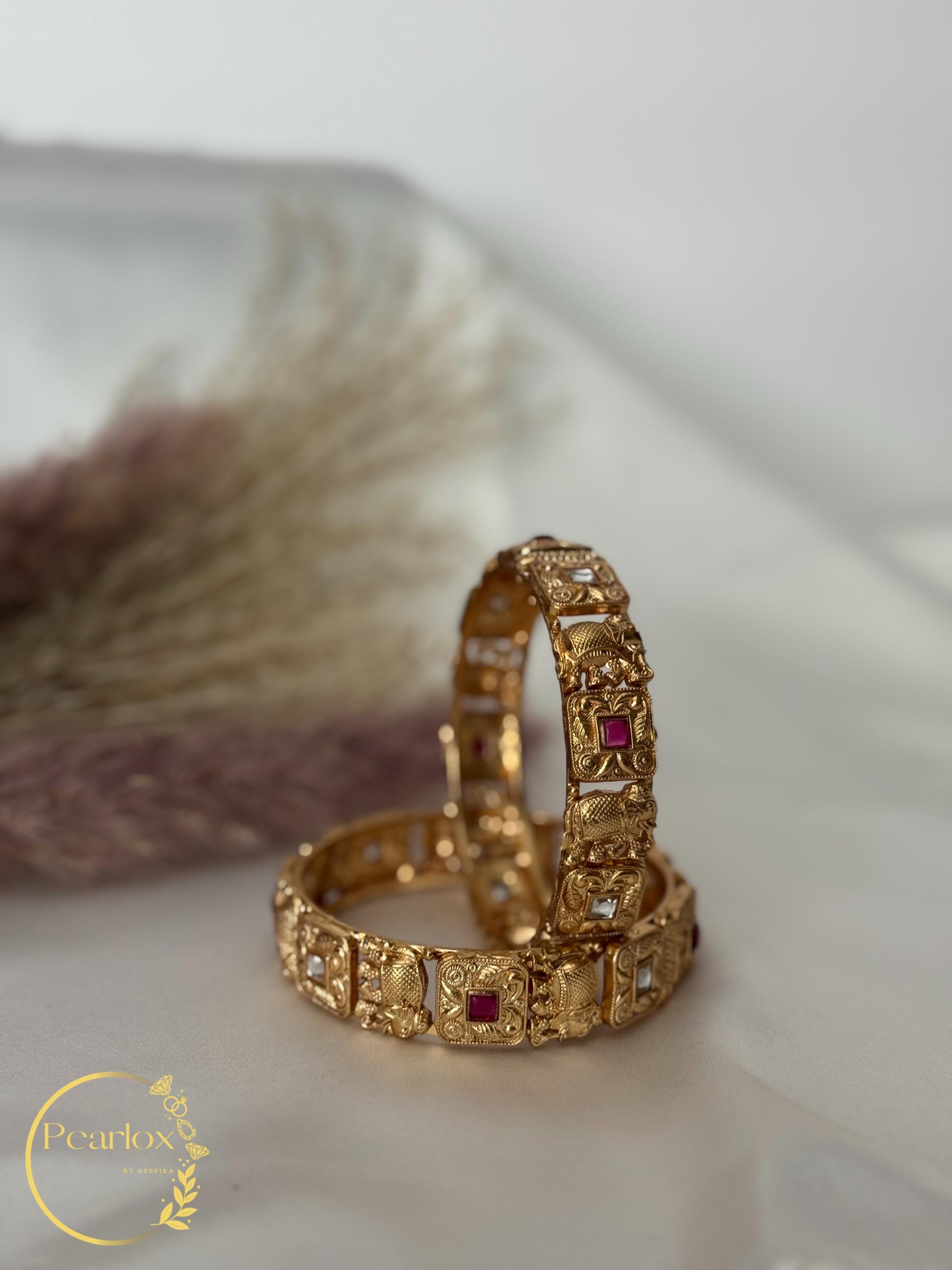 Traditional Indian Gold-Tone Kadas with Elephant Motifs & Stone Work|Size: 2-6 and 2-8| Indian Jewellery| wedding Jewellery