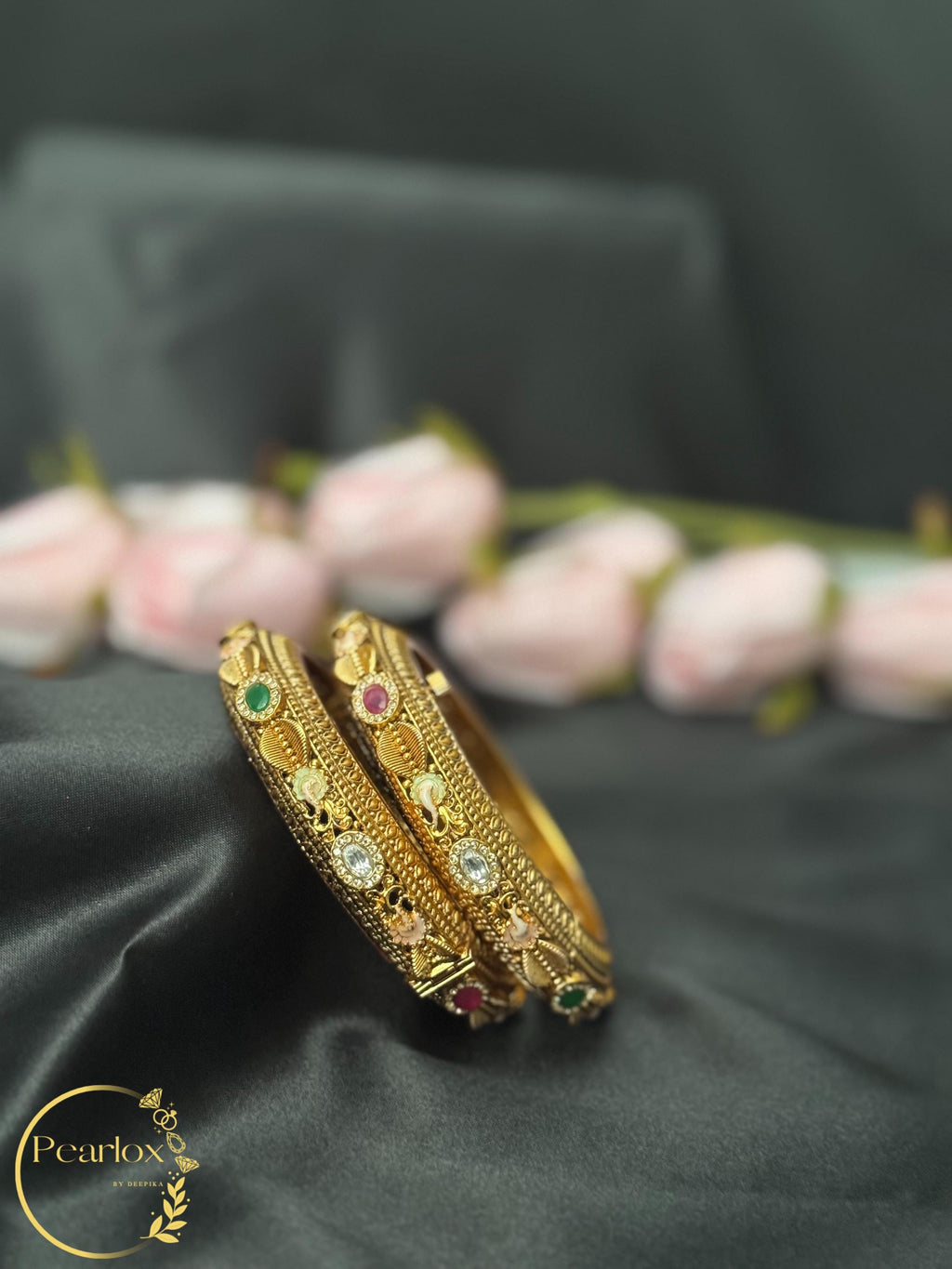 Antique Gold-tone Multi-Stone "Navratna" Style Bangles | Size: 2-6