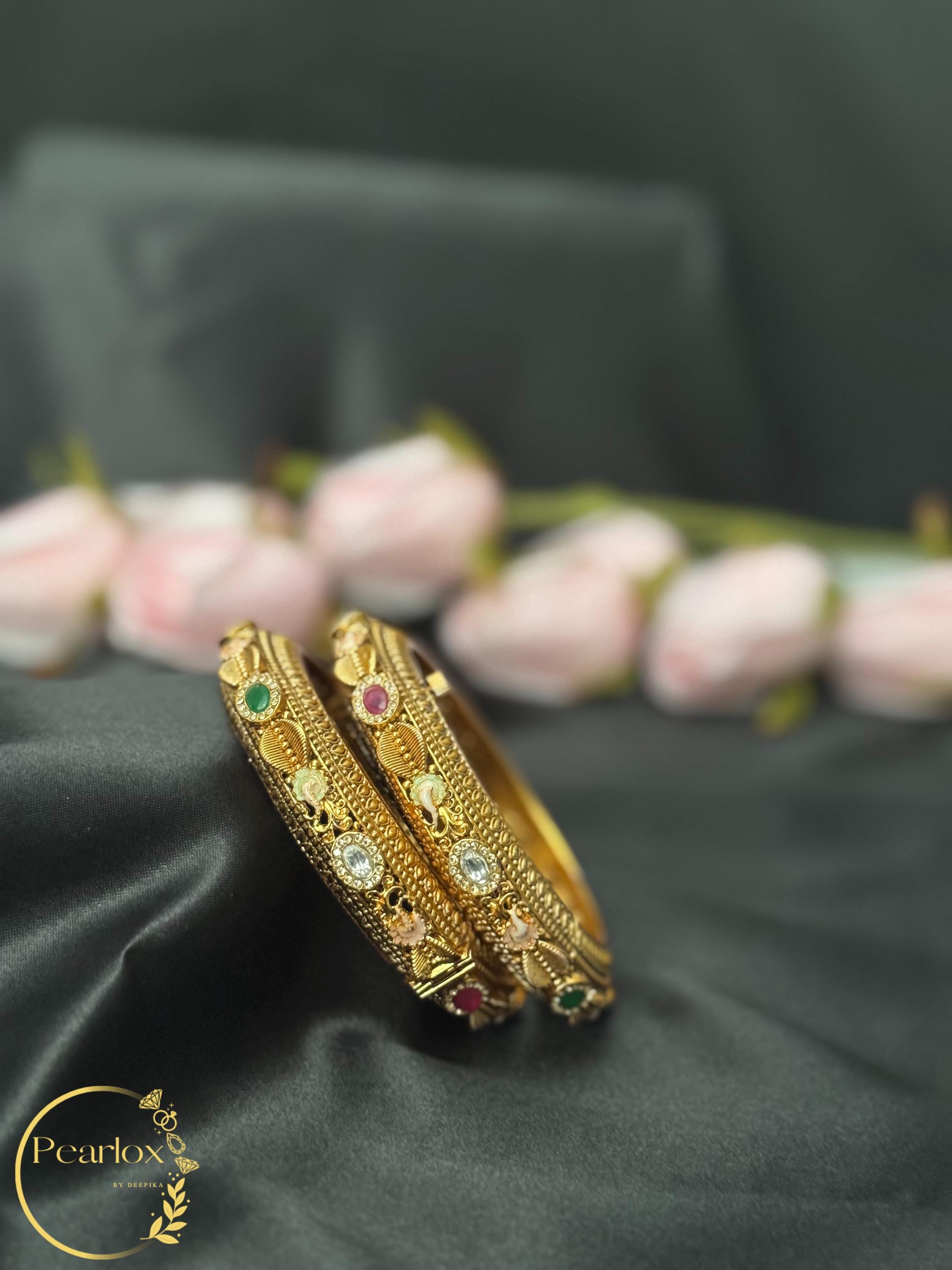 Antique Gold-tone Multi-Stone "Navratna" Style Bangles | Size: 2-6
