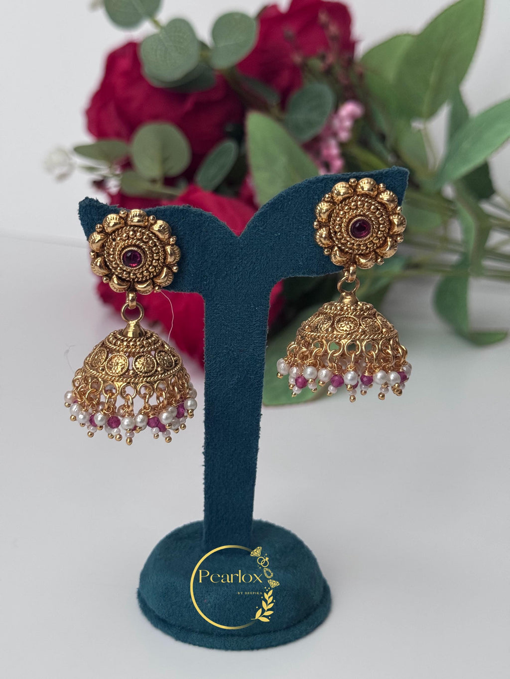 Antique Gold Choker Set with Jhumka Earrings and Maang Tikka | Ruby & Pearl Accent Necklace| Indian Jewellery