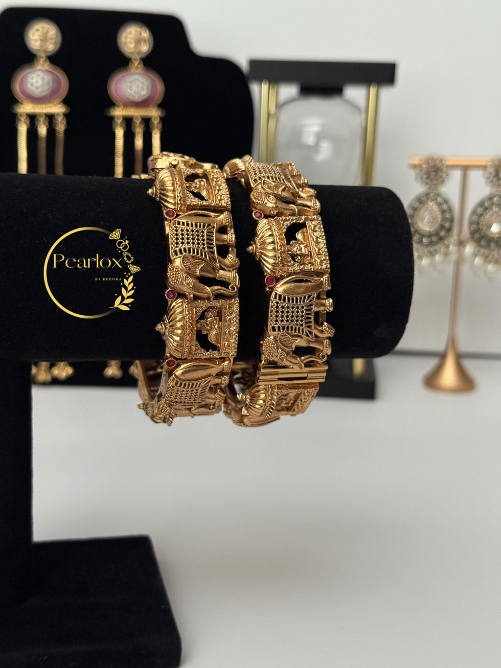Gold-Tone Indian Kadas (Bangles) | Elephant & Bridal Motifs, Superior Craftmanship Size:  2-4 2-6 and 2-8