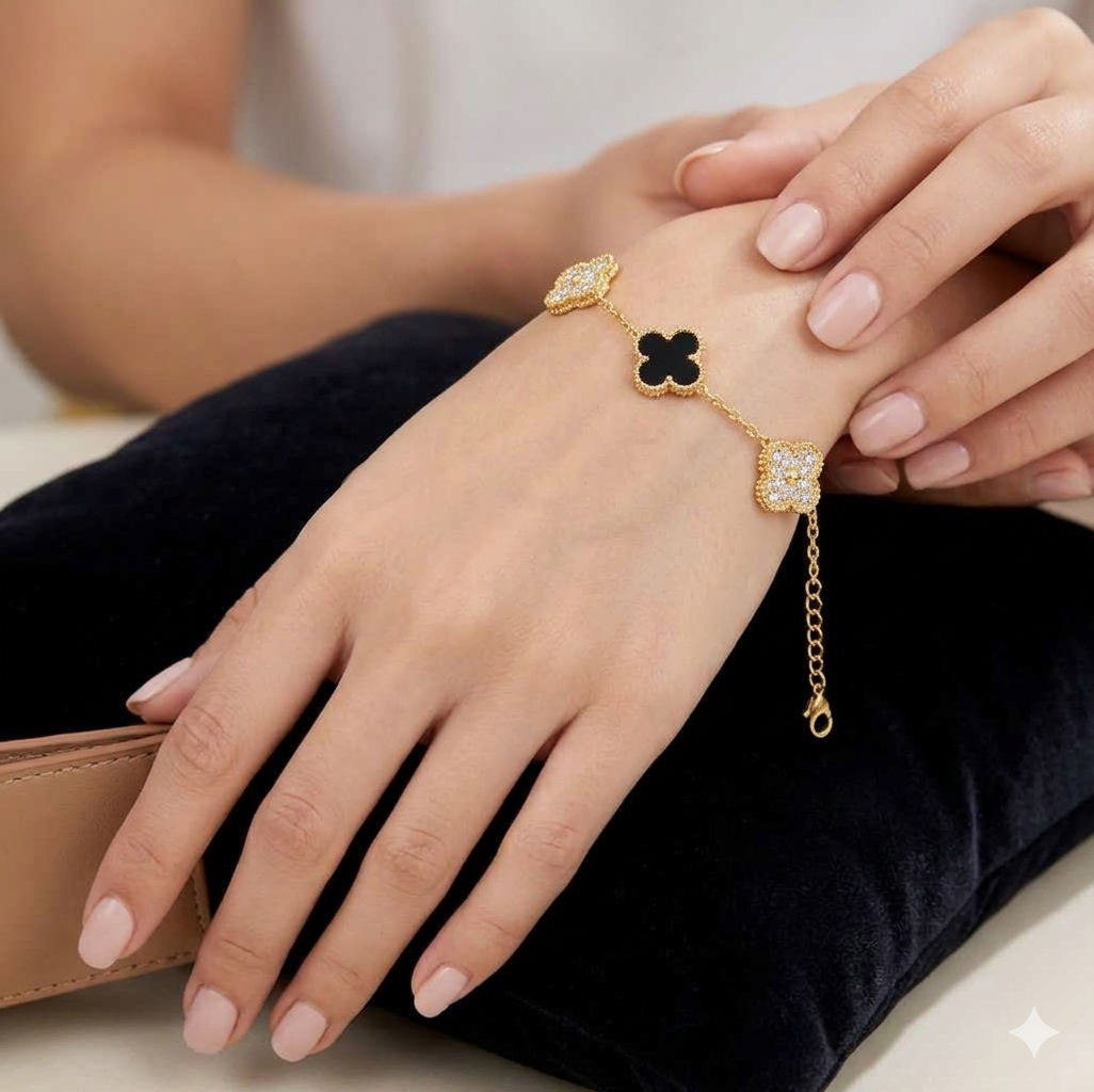 Contrast of Black and clear stone Clover flower Bracelet| adjustable in size