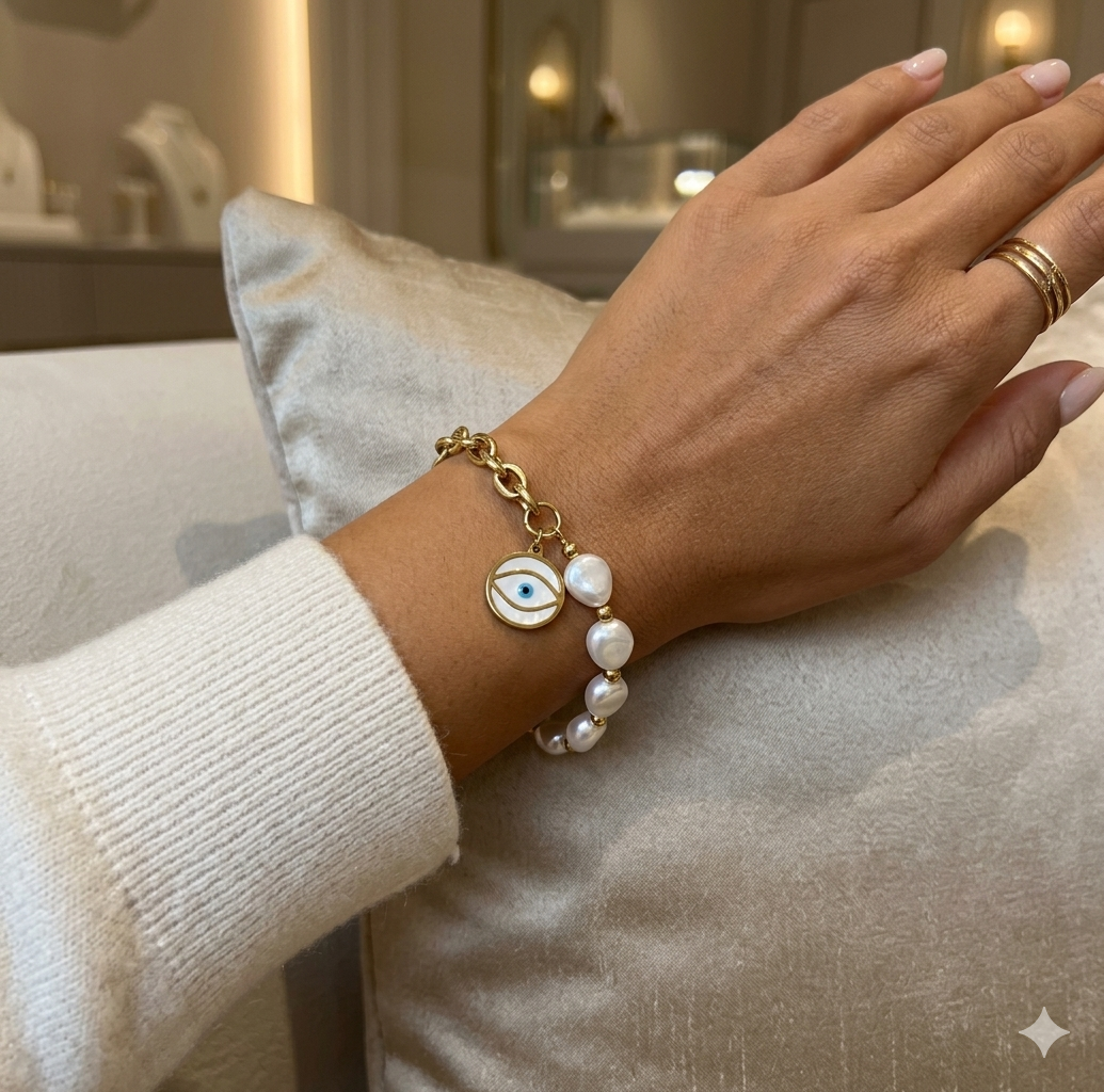 Gold tone Nazar & Pearl Mixed Chain Bracelet| Trendy Evil eye bracelet